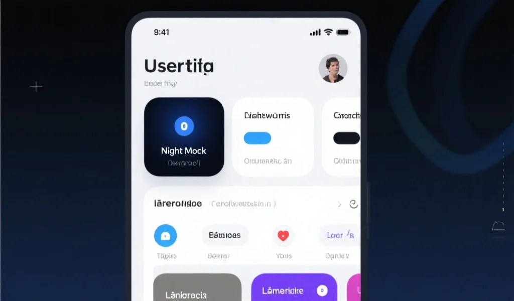 用户友好的娱乐应用界面，展示夜间模式和可切换的多语言界面选项